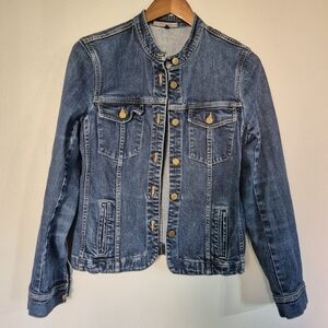 Jaeger Vintage Denim Jacket Curved Hem Mock Neck UK Size 10 US 8